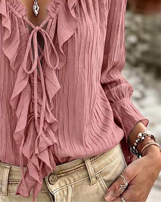 Bluse Ruffle Trim Knyting Lang Erme