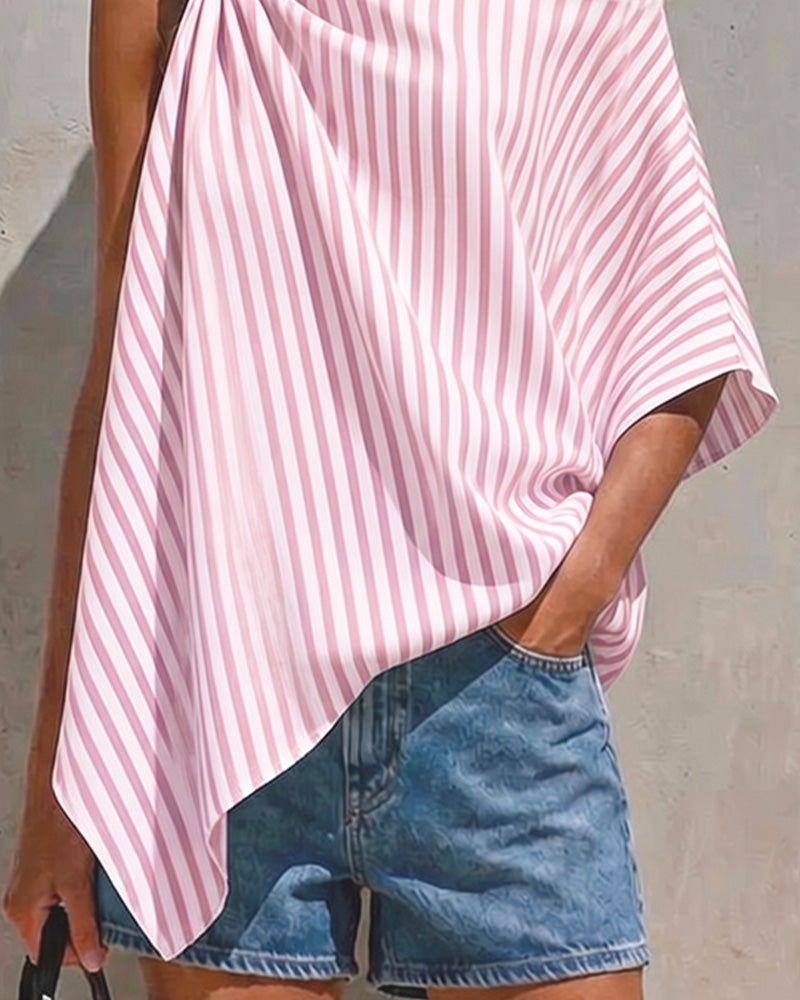 Bluse Stripet Løs Asymmetrisk Design