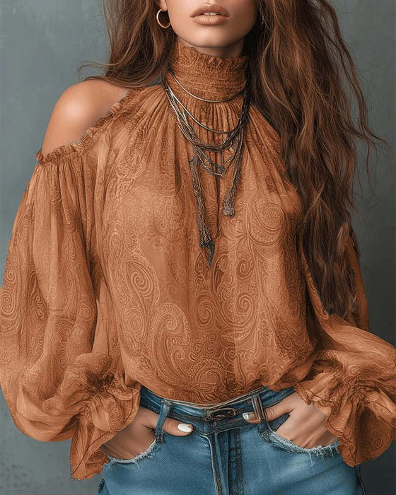 Bluse Trykt Off-Shoulder Mandarin Krage