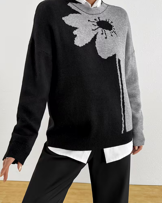Pullover Fargeblokk Stor Blomstret Jacquard Rund Hals