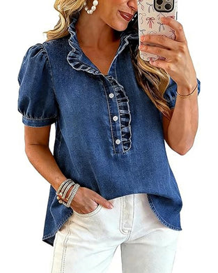 Bluse Knapp Opp Ruffle Denim