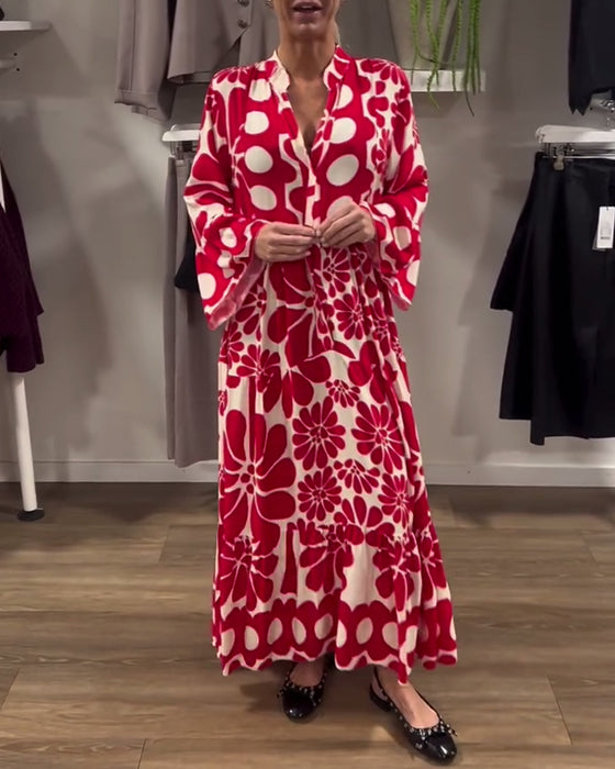 Kjole V-Hals Løs Plus Size Med Blomstertrykk