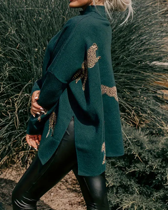 Genser Høy Hals Løs Leopardmønstret