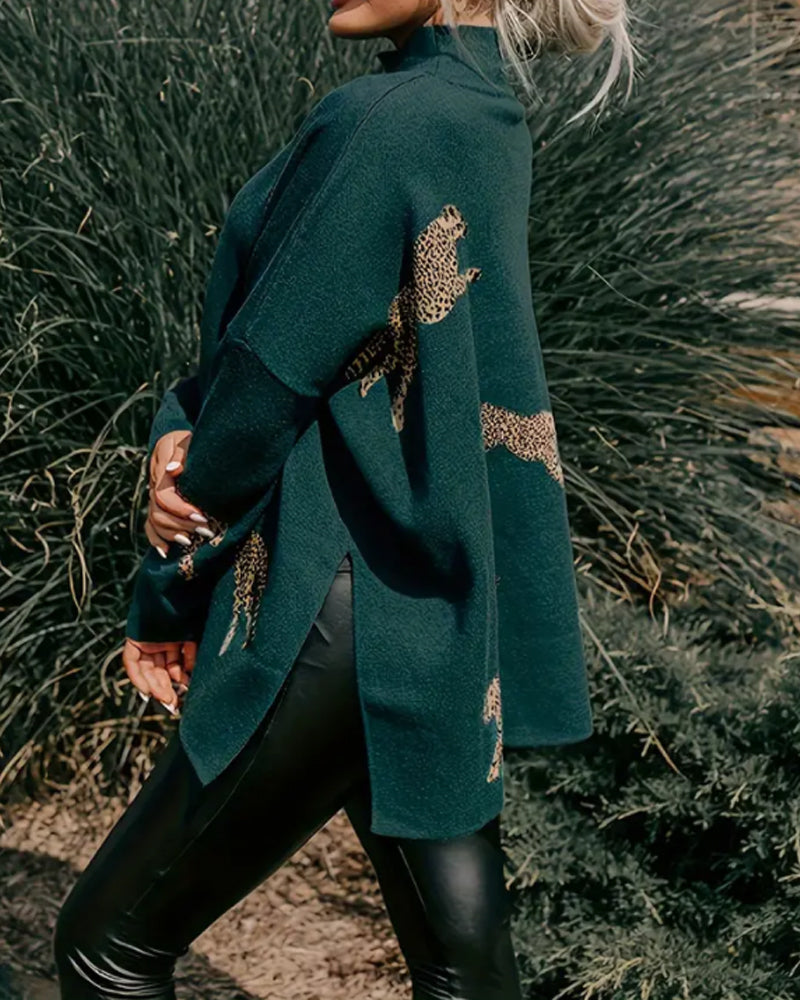 Genser Høy Hals Løs Leopardmønstret