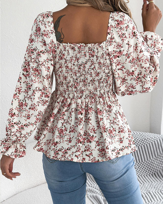 Bluse Firkantet Hals Rynket Blomstret Ruffle