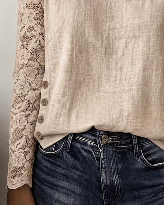 Bluse Rund Hals Knappet Knipling Patchwork Langermet