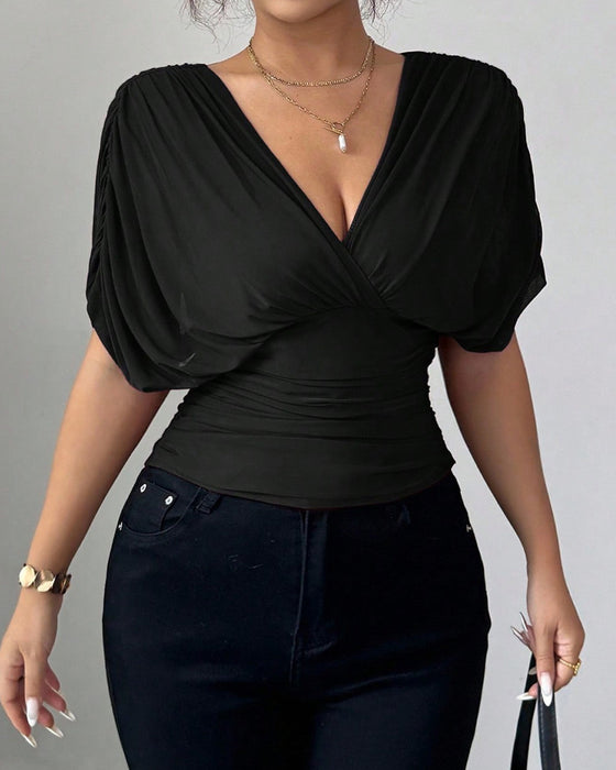 Bluse Solid Farge Dyp V-Hals Midje Kort Erme