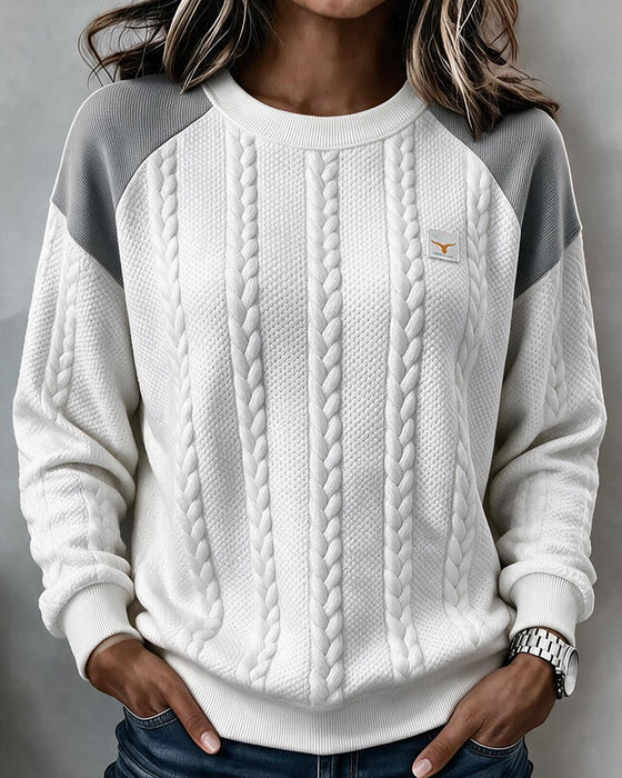 Sweatshirt Rund Hals Flettestrikk Fargeblokk