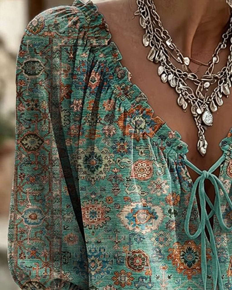 Bluse V-Hals Knyting Vintage Trykk