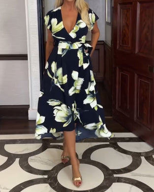 Kjole V-Hals Blomstertrykk Midje Kortermet