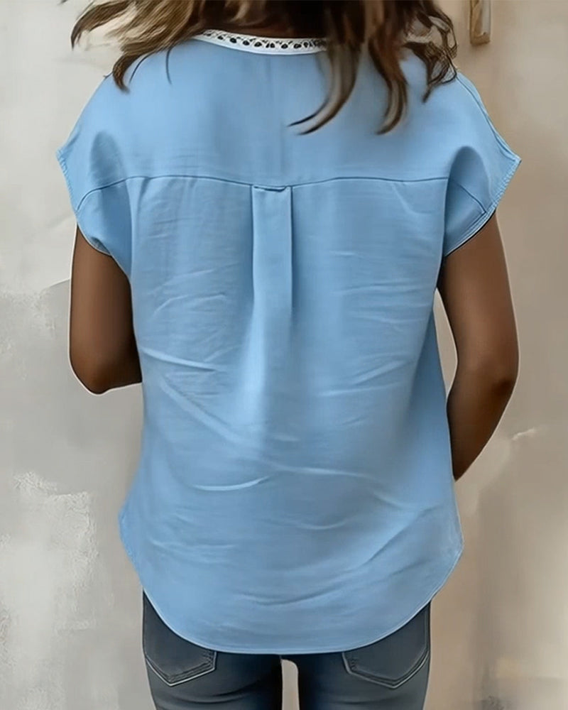 T-Skjorte Med V-Hals Og Hulldetaljer I Bomull Og Lin