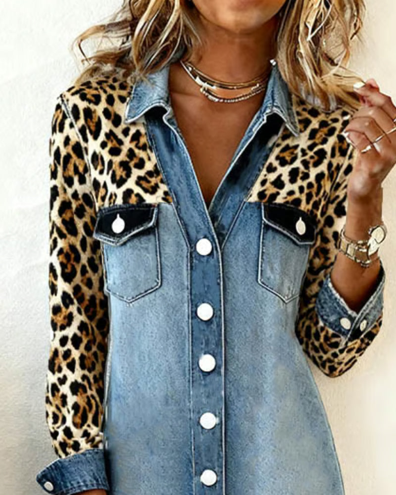 Kjole Skjortekrage Leopard Patchwork