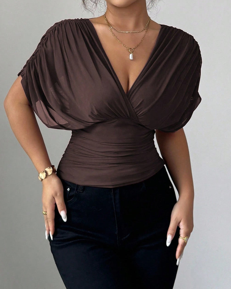 Bluse Solid Farge Dyp V-Hals Midje Kort Erme