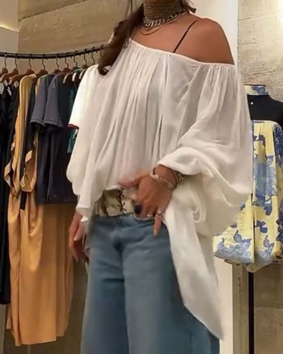 Bluse Puff Lanterne Erme Rynket Rund Hals