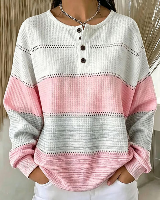 Sweatshirt Fargeblokk Rund Hals Knapp Vaffel