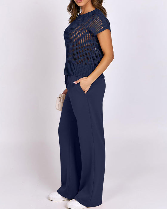 Sett Rund Hals Kortermet Gjennombrutt Pullover