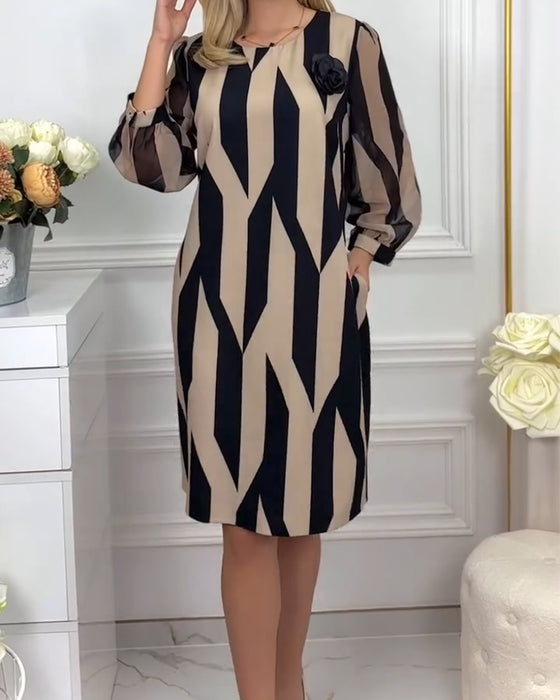 Kjole Med Rund Hals Lanterne Erme Trykt