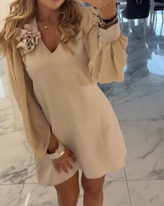 Kjole Tredimensjonal Blomst V-hals Lykt Erm