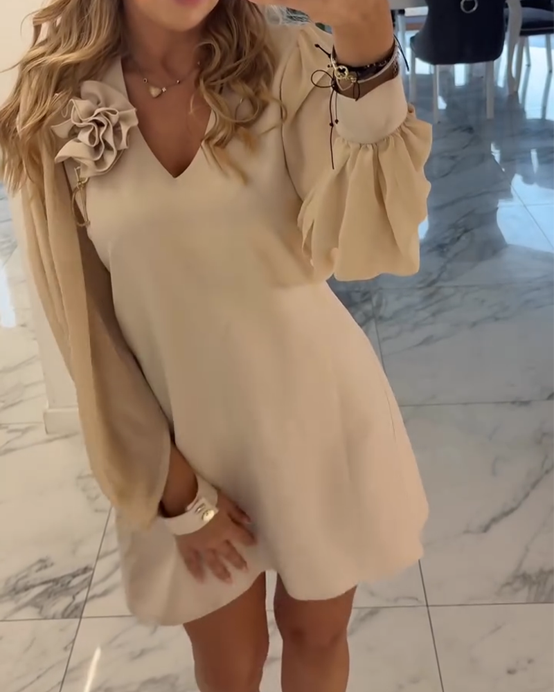 Kjole Tredimensjonal Blomst V-hals Lykt Erm