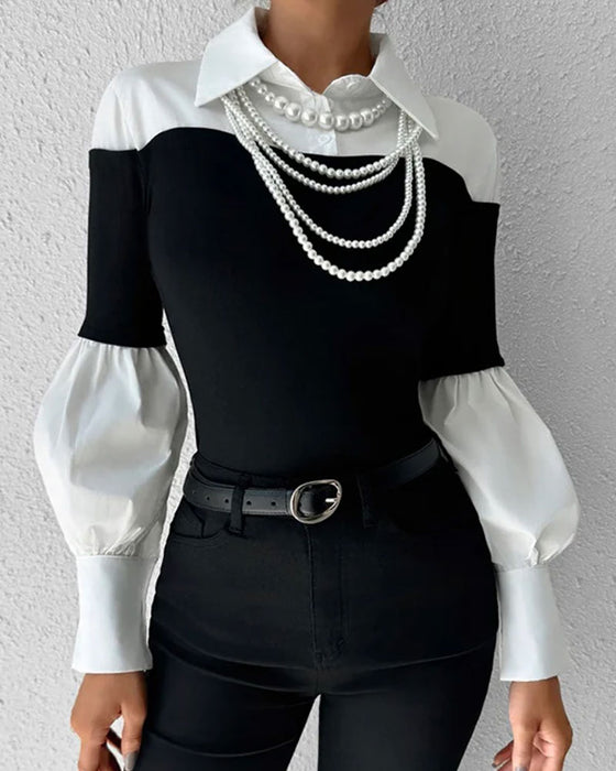 Topp Fargeblokk Off-Shoulder Lanterne Erme Patchwork