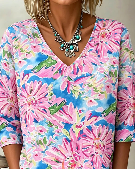 Bluse Blomstret V-Hals Halv Erme