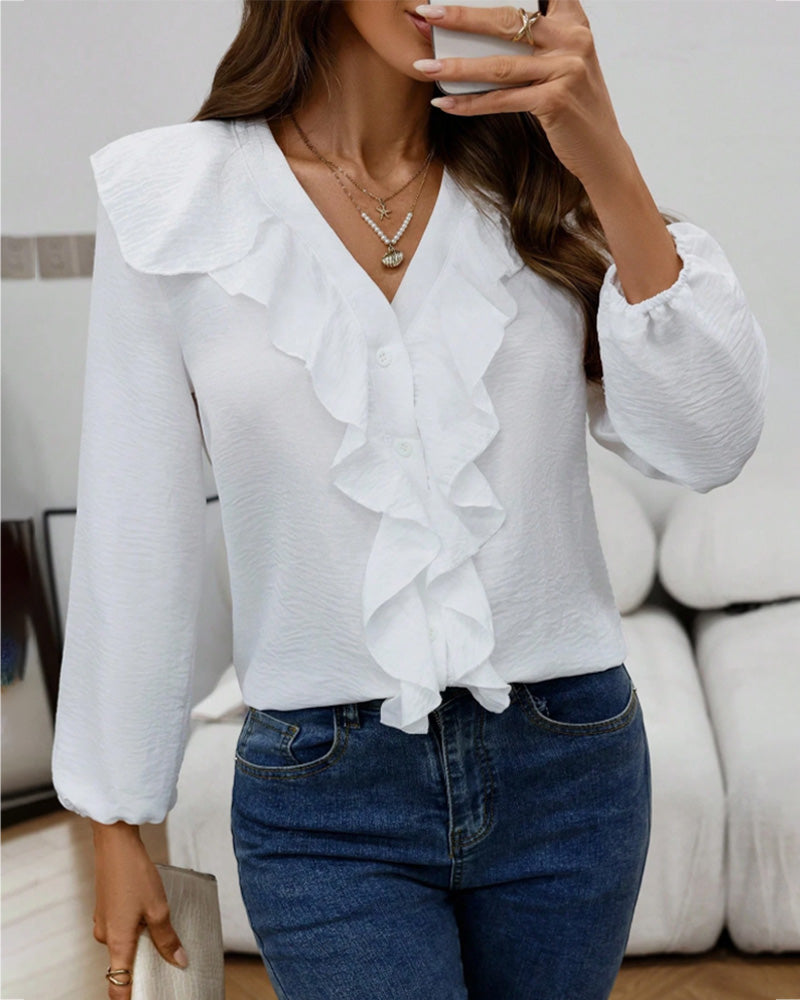 Bluse Rynket Dyp V-Hals Lang Erme