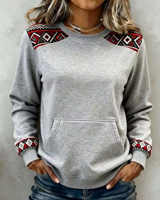 Sweatshirt Rund Hals Argyle Fargeblokk Lomme