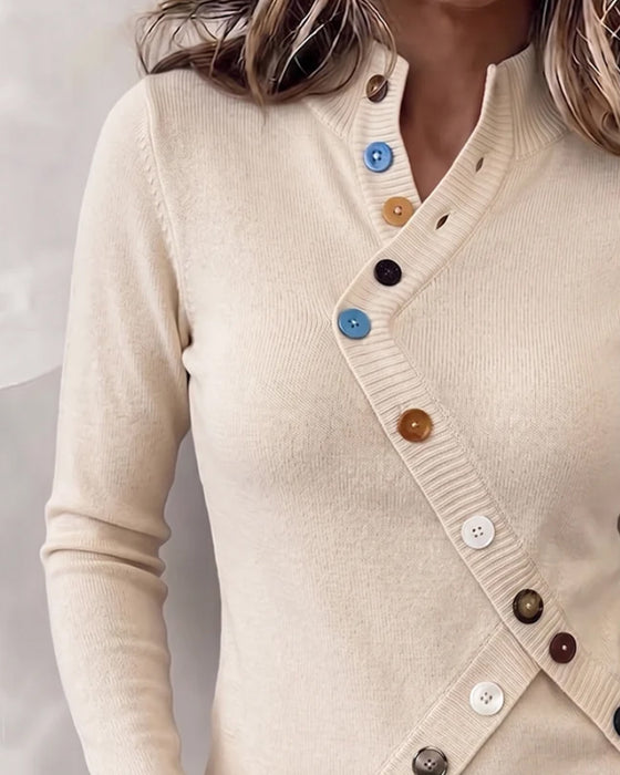 Pullover Mandarin Krage Fargeblokk Asymmetrisk Knapp