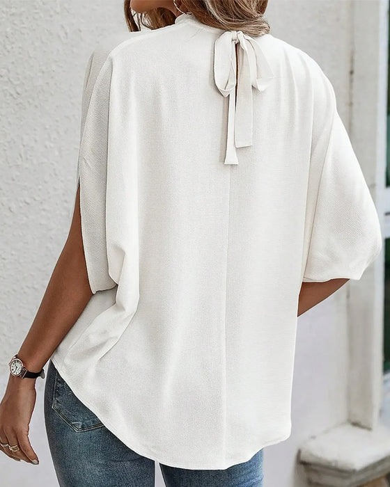 Bluse Mock Neck Plissert Tre Kvarter Erme Solid