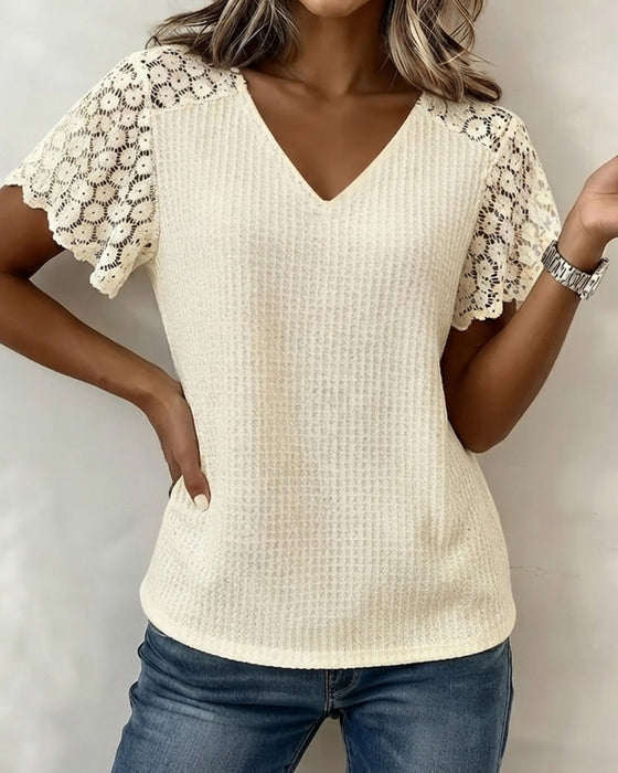 T-Skjorte V-Hals Vaffel Blonde Patchwork Solid