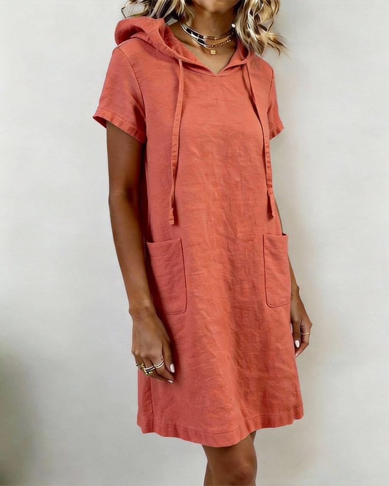 Kjole Med Hette Lin-Blanding Kortærme Lomme