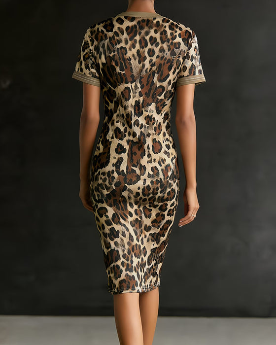 Kjole Leopard Trykk Patchwork V-Hals Tettsittende