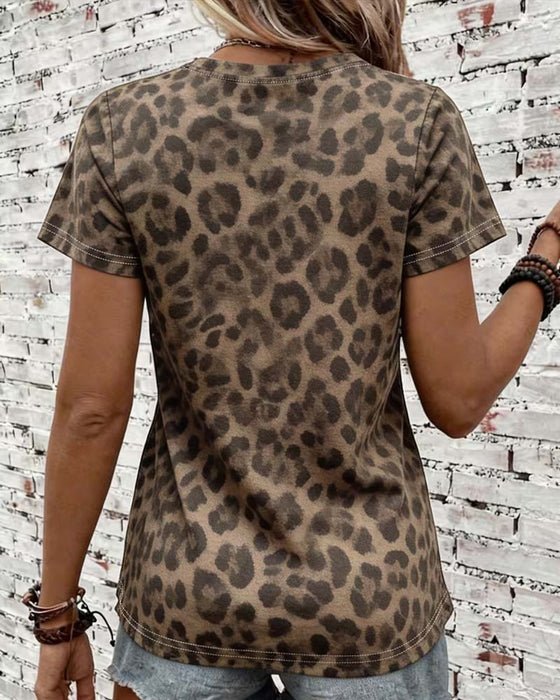 T-skjorte Rundhals Leopardmønster Slim-Fit Kort Erme