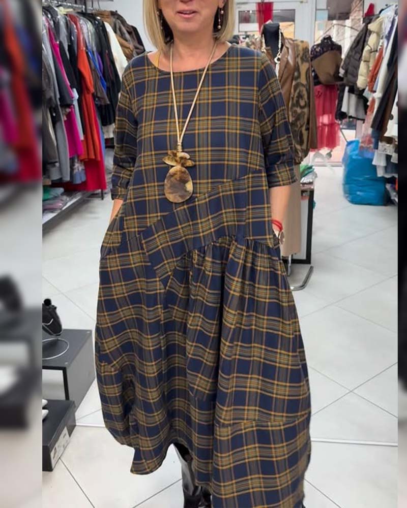 Trykt Rutet Kjole Med Rund Halsring