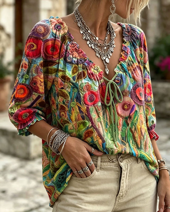 Bluse V-Hals Ruffle Puffererme Knyte