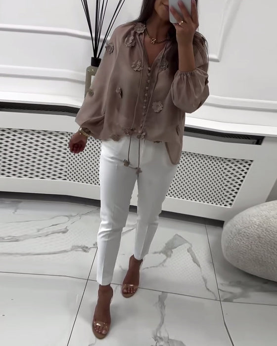 Bluse Ensfarget 3D-Blomster Snøring