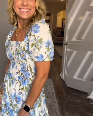 Kjole Firkantet Utringning Plissert Blomstret A-Linje