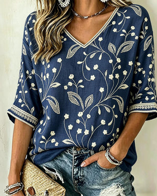 Bluse V-Hals Trekvart Erme Plantetrykk