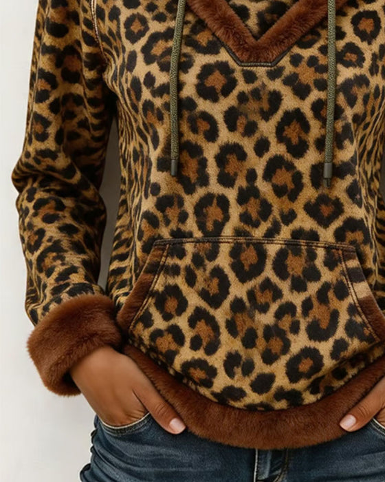 Sweatshirt Leopard Trykk Med Hette Snøring
