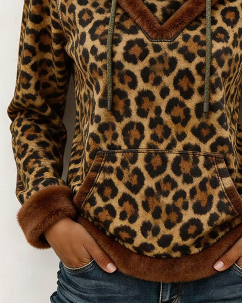 Sweatshirt Leopard Trykk Med Hette Snøring
