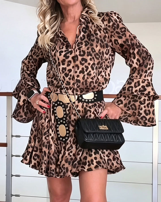Kjole V-Hals Leopardmønster Snøring Kort