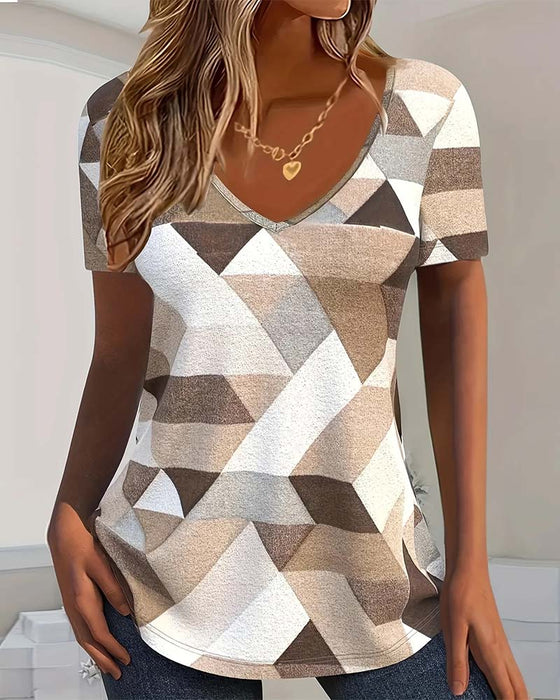 T-shirt Med Casual Fargeblokk U-formet Hals