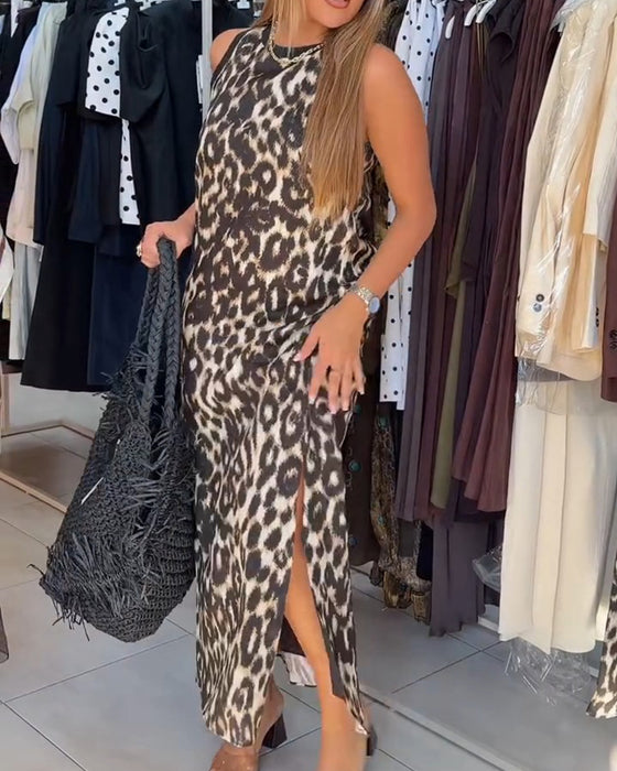 Kjole Rundhalset Leopardmønster Ermeløs Maxi