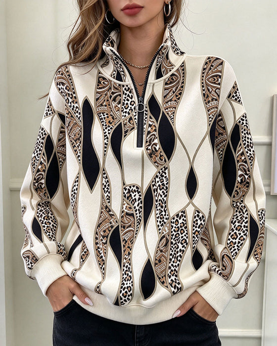 Sweatshirt Geometrisk Paisley Halv Glidelås Stående Krage