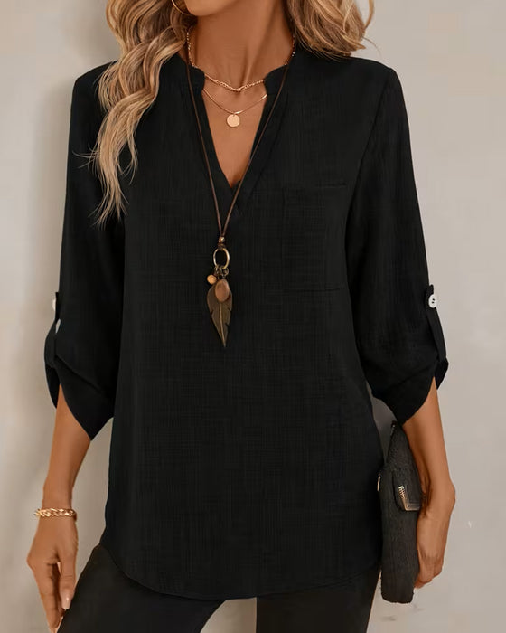 Bluse V-Hals Ensfarget Langermet Lomme