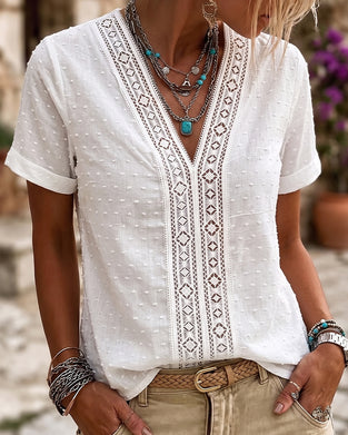 Bluse V-Hals Diamant Utskjæring 3D Blomstret Solid
