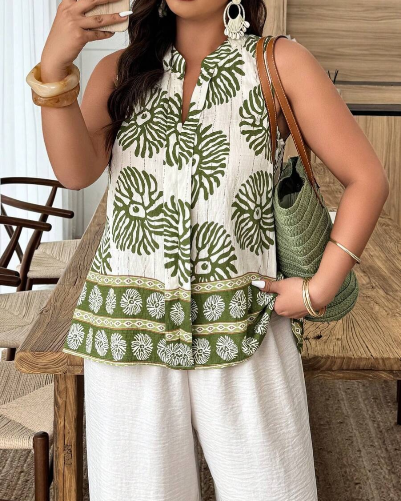 Bluse Plantetrykk Veststil Ermeløs