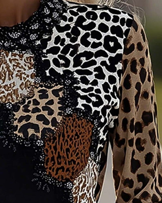 Topp Lang Erme Leopard Patchwork Casual