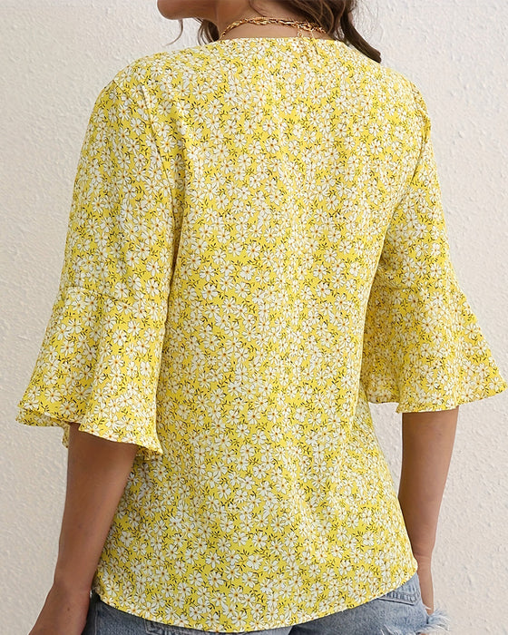 Bluse V-Hals Floral Sommerfugl Erme
