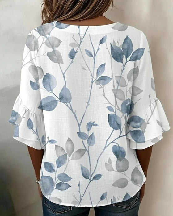 Bluse Flutter Flare Erme Blad Trykk